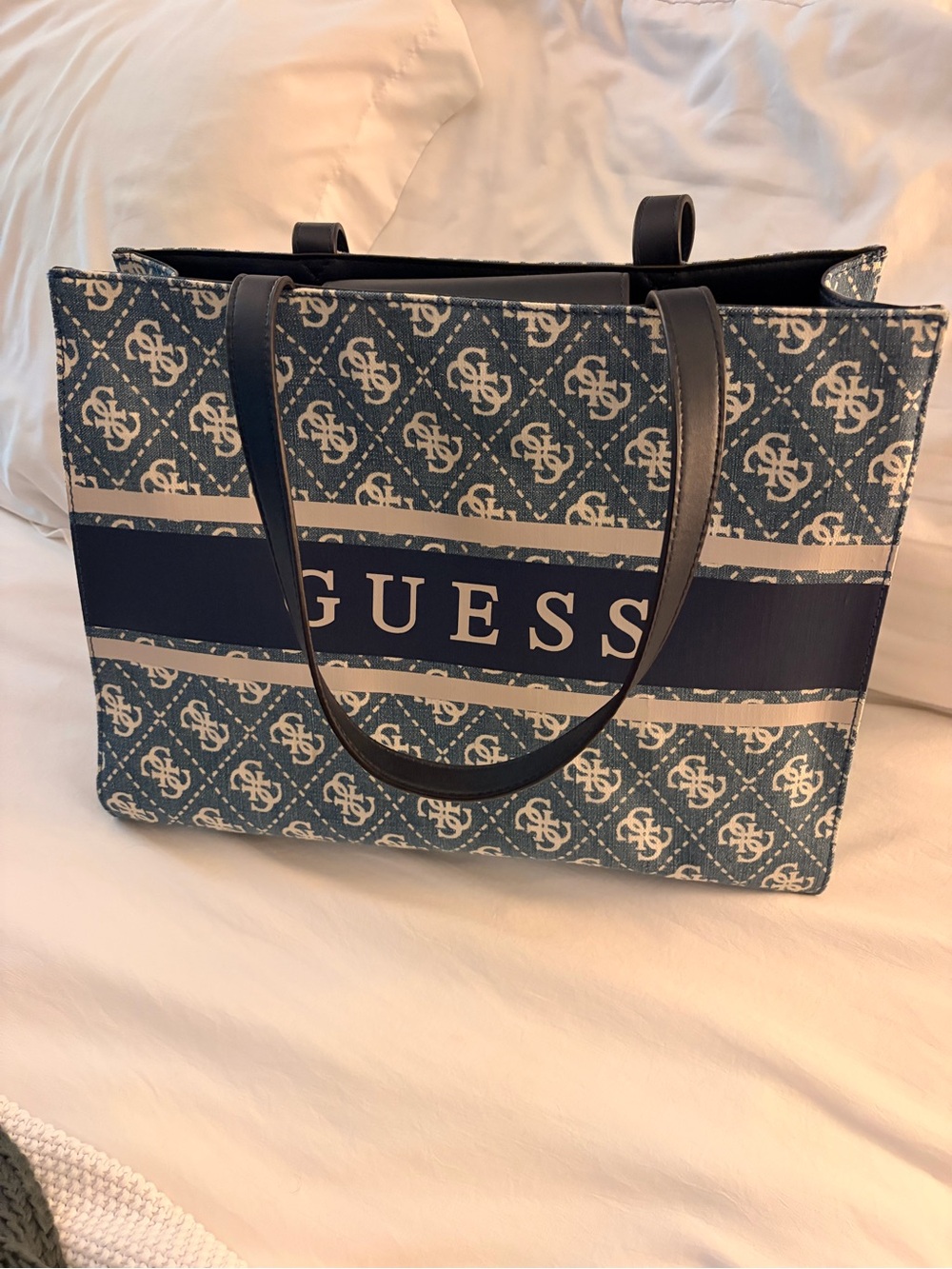 Guess Navy and Cream Monogram Tote with Logo Band